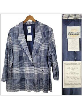 NEW Vintage Linen Blazer Jacket Plus Size 26W Blue Plaid 4X 26 Womens Bentley